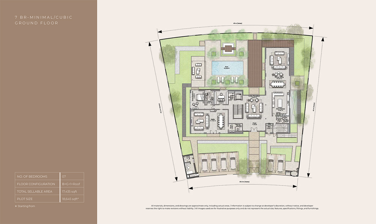 Reem Hills Floor Plans - 7BR Cubic B+G+1+Roof, Ground